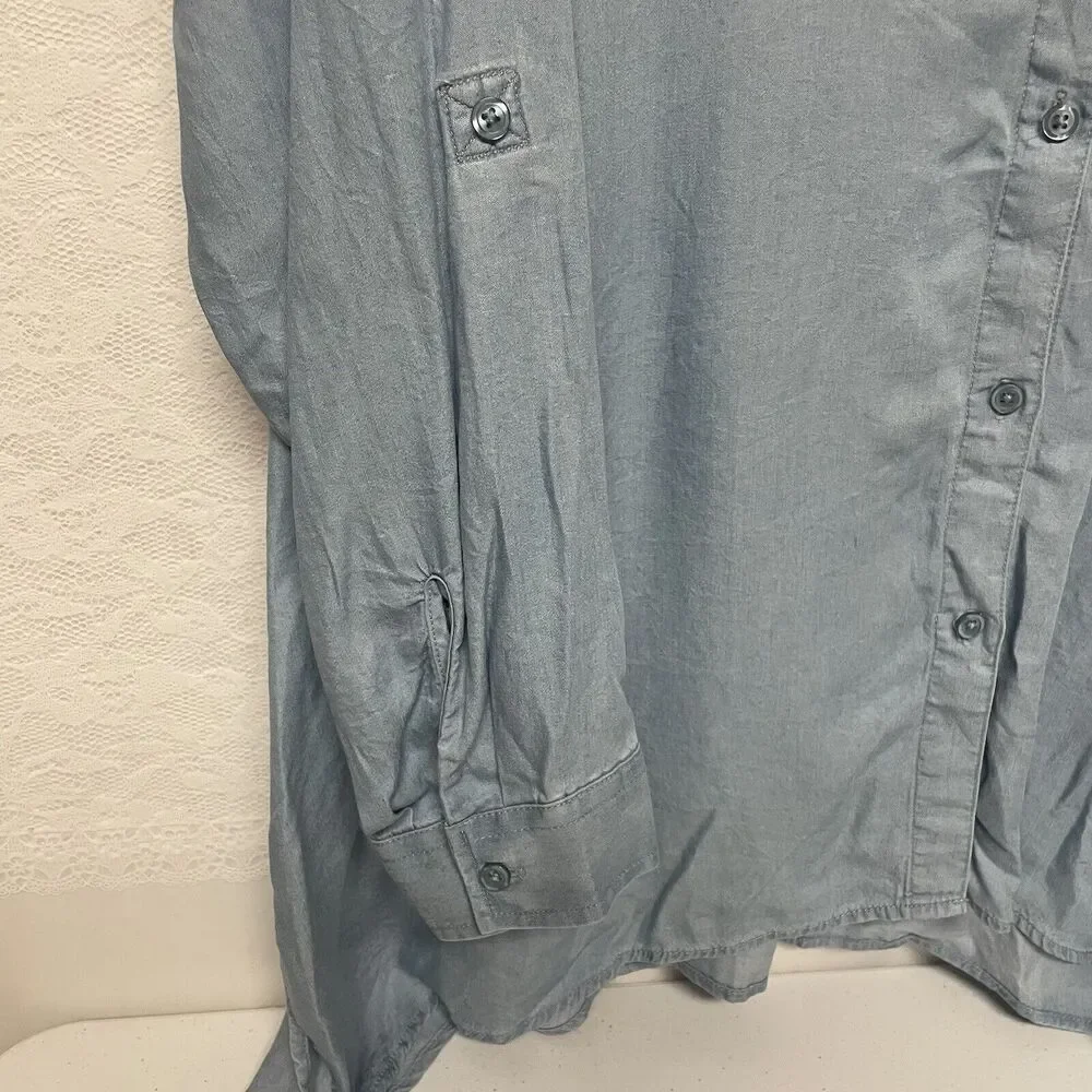Zac & Rachel Women 2X Chambray Button Up Shirt Blue Tunic Roll Tab Sleeve Top - Picture 5 of 9